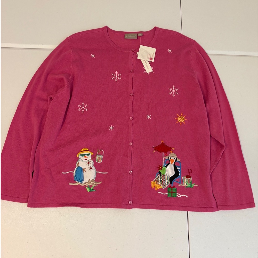 Croft & Barrow Pink Tropical Snowman Penguin Christmas Cardigan Sweater 3X yy